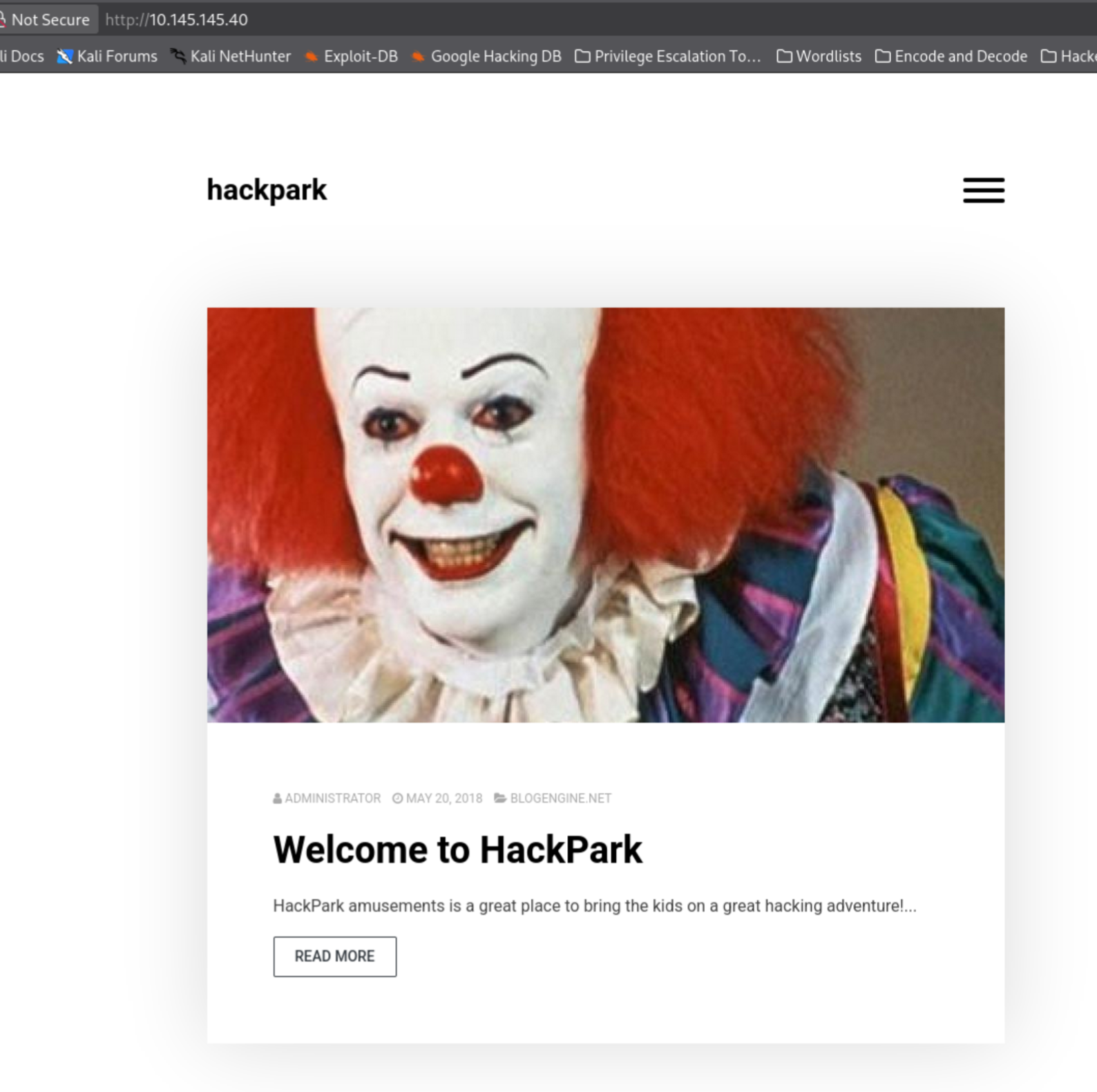 HackPark homepage showing Pennywise the clown